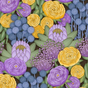 Boho Chic Flowers // Purple, Lavender, Blue, Yellow, Jonquil, Amber, Green, Sage, Brown // Medium Scale - 300dpi