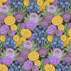 Boho Chic Flowers // Purple, Lavender, Blue, Yellow, Jonquil, Amber, Green, Sage, Brown // Small Scale - 500dpi