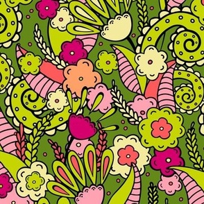 Doodle flowers, Pink and green on a dark green background