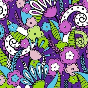Doodle flowers, Lilac with green on a purple background