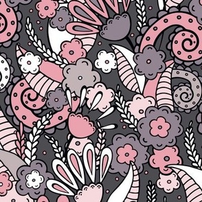 Doodle flowers, Pink and gray on a taupe background