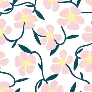 Retro pink floral on soft white background - large scale