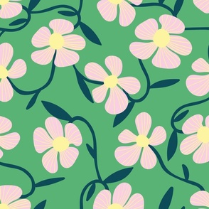 Retro pink floral on green mint background - large scale