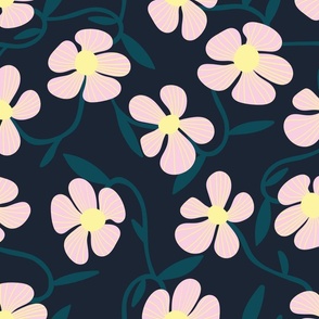 Retro pink floral on dark navy background - large scale