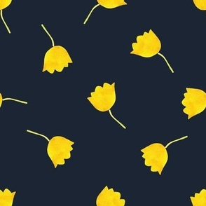 Hand painted yellow floral on dark navy background - small scale