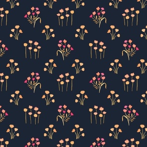 Hand painted floral on dark navy background - small scale