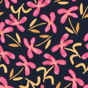 Hand painted floral on dark navy background - extra large scale
