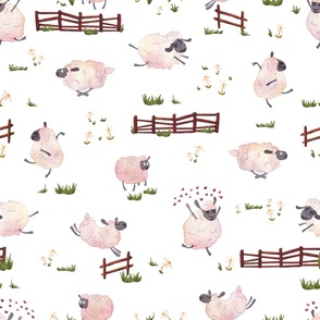 Hand painted jumping sheep on soft white background - large scale