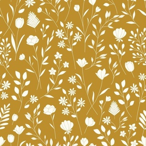 Pretty floral in soft white and mustard - medium scale