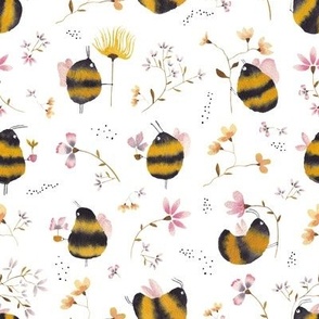 Hand painted bees and flowers on soft white background - medium scale
