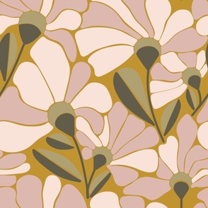 Retro pink floral on mustard background - large scale