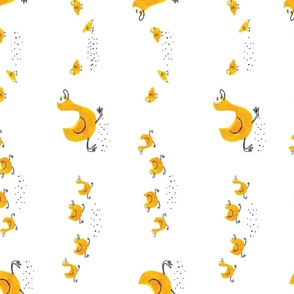 Hand painted running ducks and ducklings on soft white background (vertical) - large scale