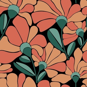 Retro coral tone floral on black background - large scale
