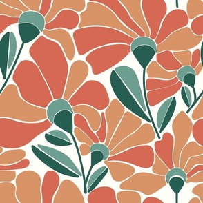 Retro coral floral on soft white background - large scale