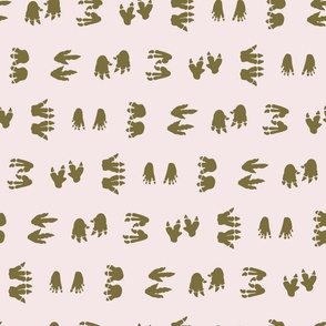 Khaki dinosaurs foot prints on light pink background - small scale