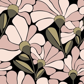 Retro pink floral on black background - large scale