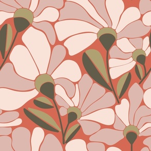 Retro pink floral on coral background - large scale