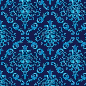 Blue Boho Damask Pattern Fabric and Wallpaper