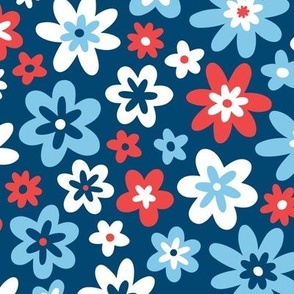 Retro Floral in Red, White, and Blue (Large Scale)