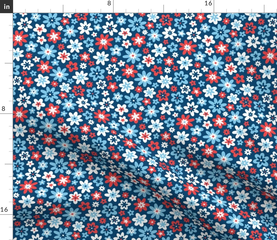 Retro Floral in Red, White, and Blue (Small Scale)