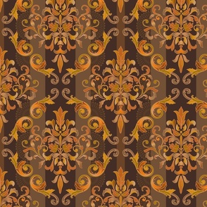 Gold Maroon Brown Damask Pattern on Lace Stripes