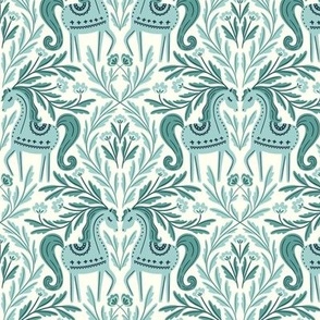Folk Horses Damask | Small Scale | Antique Blue Teal
