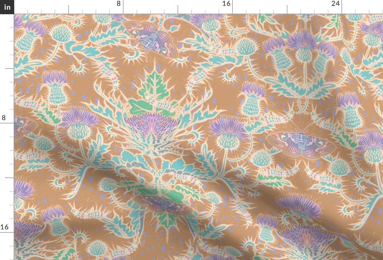 Pastel Rustic bohemian thistle damask with moths and caterpillars TAN