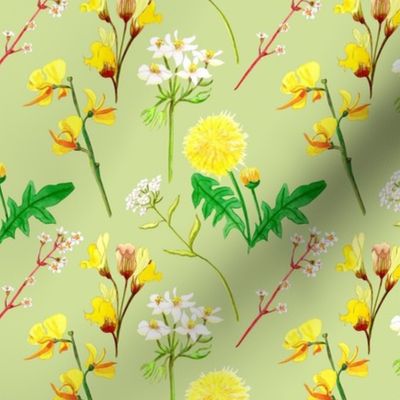 Small Flowers on green, floral fabric, 5-inch repeat, yellow flowers, white flowers