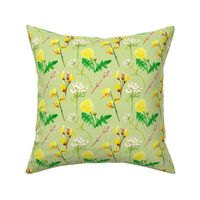 Small Flowers on green, floral fabric, 5-inch repeat, yellow flowers, white flowers
