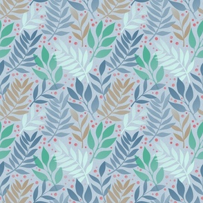 Enchanted Forest Foliage - Tranquil Blue and Green Leaf Pattern with Autumn Berry Accents for Home Decor and Apparel