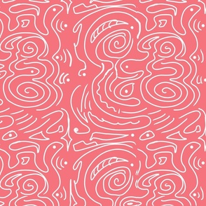 Abstract White Wavy Lines on Coral Pink - Large