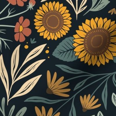 Wild Meadow - sunflowers, cosmos, dandelions, lupins, black eyes Susans - dark - medium