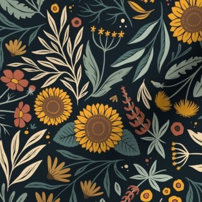 Wild Meadow - sunflowers, cosmos, dandelions, lupins, black eyes Susans - dark - small