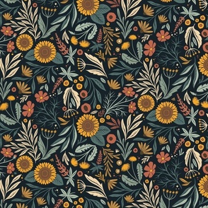 Wild Meadow - sunflowers, cosmos, dandelions, lupins, black eyes Susans - dark - small