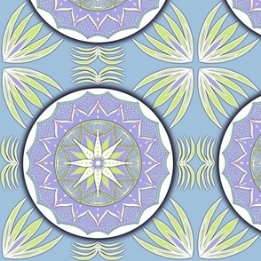 Lilac, honeydew mandala circles in circles on sky blue small
