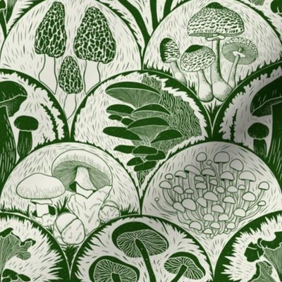 Woodland Botanical Edible Mushroom scallop Block Print Forest Green