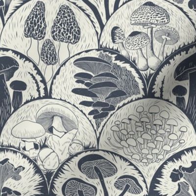 Woodland Botanical Edible Mushroom scallop Block Print Grey