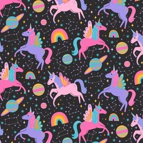 Space Unicorns - Neon Rainbow on Black