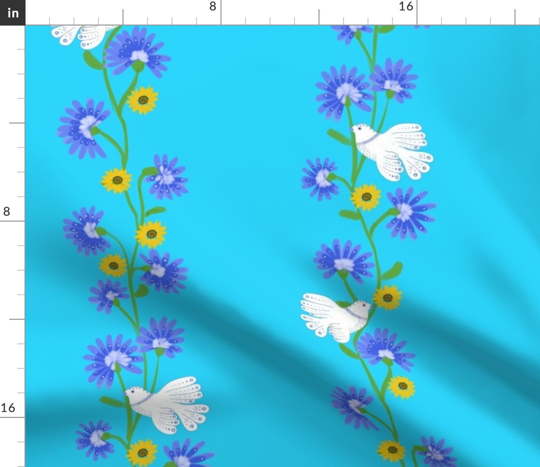 Flower vines - turquoise - Doves and sunflowers