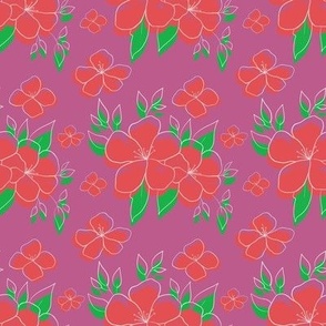 bright red flowers on a pink background white lines colorful botanical seamless pattern