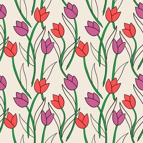 Red and purple tulips on a calico off white background