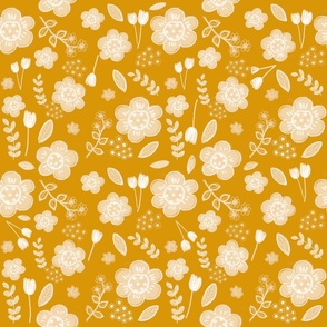 White floral on ochre 
