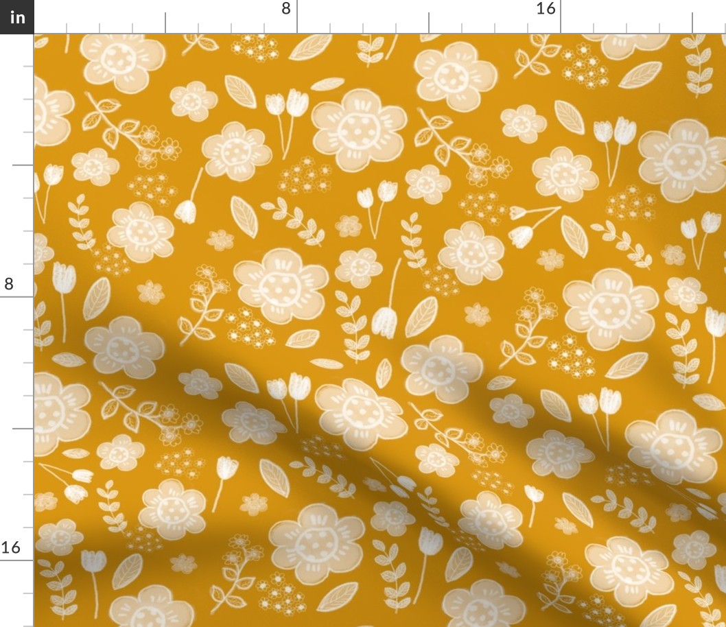 White floral on ochre 