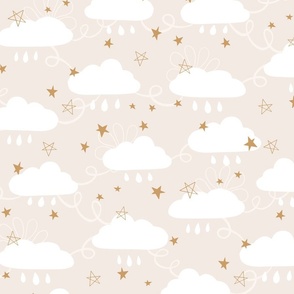 Sweet Dreams clouds and stars neutral brown gold Large Scale by Jac Slade