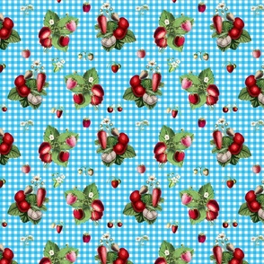 Strawberries on sky blue gingham