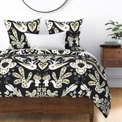 Abstract birds with butterflies at spring garden pattern With charcoal background 