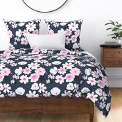 Mid-Century Modern Wildflowers On Navy Blue