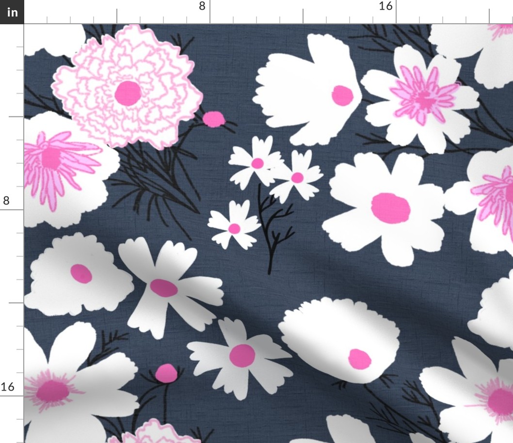 Mid-Century Modern Wildflowers On Navy Blue