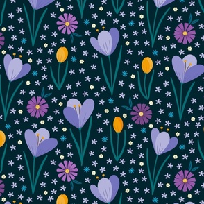 Crocus Flowers on Dark Teal 26 Inch Repeat