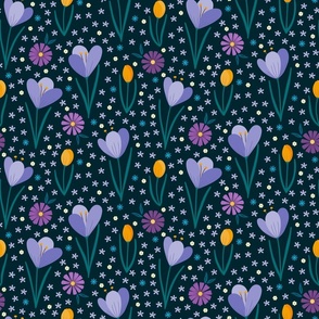 Crocus Flowers on Dark Teal 18 Inch Repeat